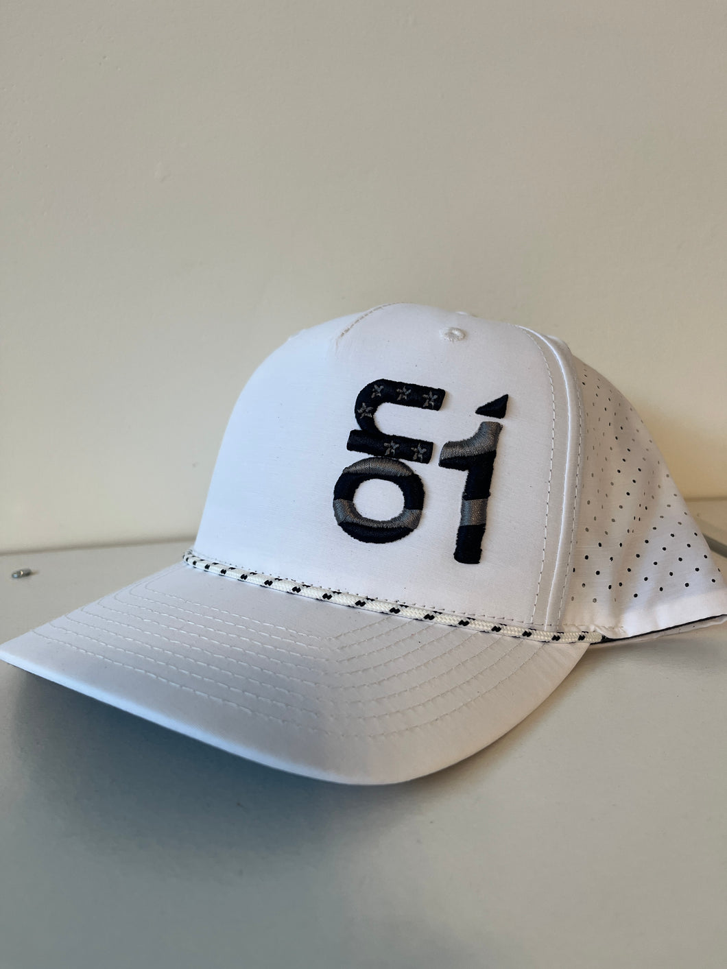 355 All White with White/Black Rope Hat w/ American Flag ON1 Logo